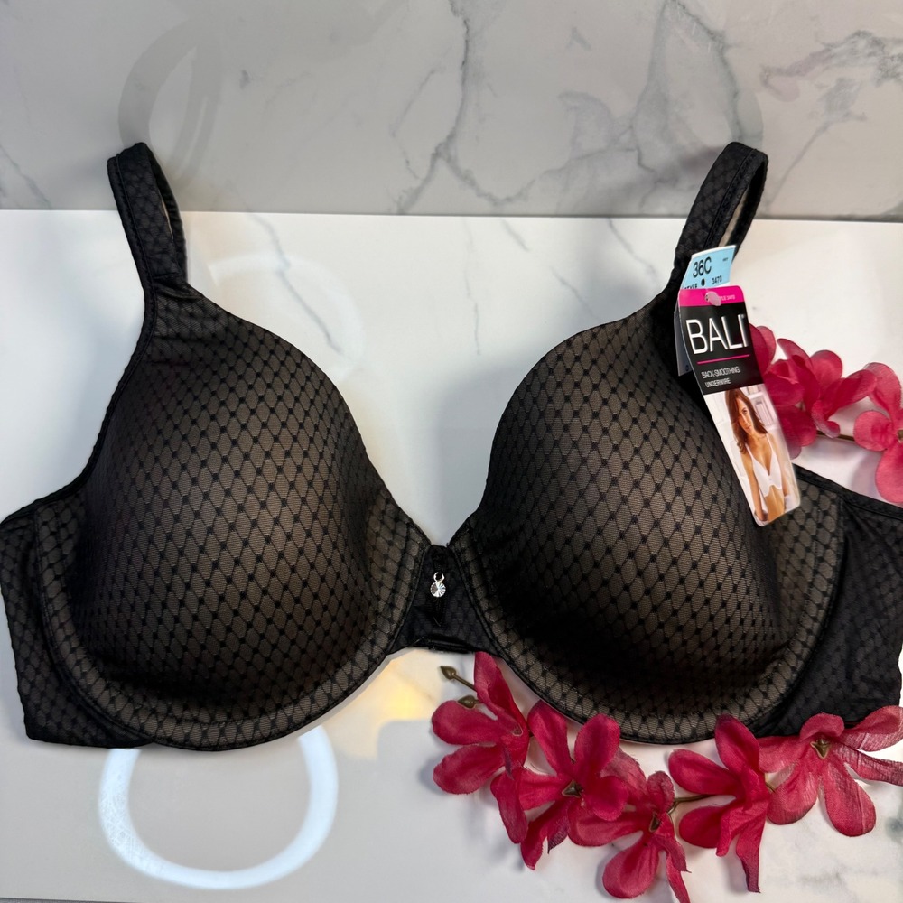 NWT Bali One Smooth U Back-Smoothing Underwire Bra 3470 Black Diamond 36C